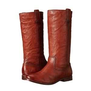 Frye Anna Mid Calf Pull-On Cognac Brown Distressed Leather Boots
